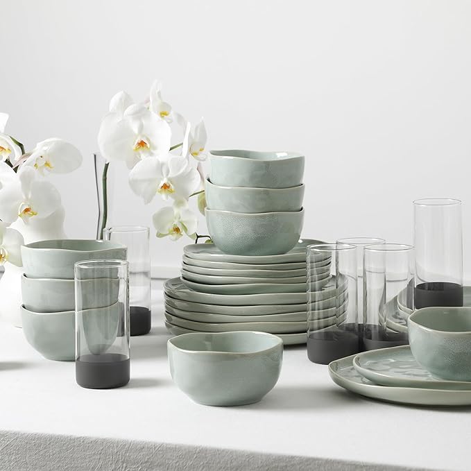 Stone Lain Mirella 16-Piece Dinnerware Set Stoneware, Borosilicate Glass, Light Green