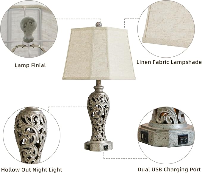 Vintage Table Lamps Set of 2 for Living Room Bedroom, 2 USB Ports 25'' Rustic Farmhouse Desk Lamp with Nightlight, Iron Gray Hollow Out Resin Lamp for End Table (Bulbs Included)