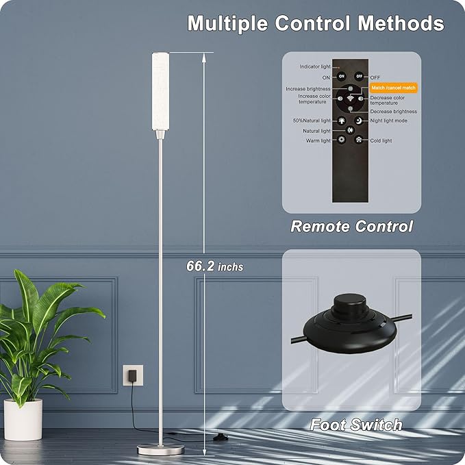 Floor Lamp with Remote Control,Floor Lamps for Living Room/Bedroom/Office, Stepless Adjustable 3000K-6000K Colors and 10-100% Brightness,Standing Light with Foot Switch (Nickel+Beige Linen)
