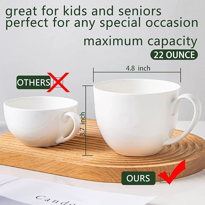 Chulan Extra Large White Bone China Cereal Mugs, 22 oz Ceramic Coffee Mug Set of 6, Latte Mugs Mocha Tea Cup, Jumbo Porcelain Soup Mugs with Big Handle for Desserts Snack, Microwave ＆ Dishwasher Safe