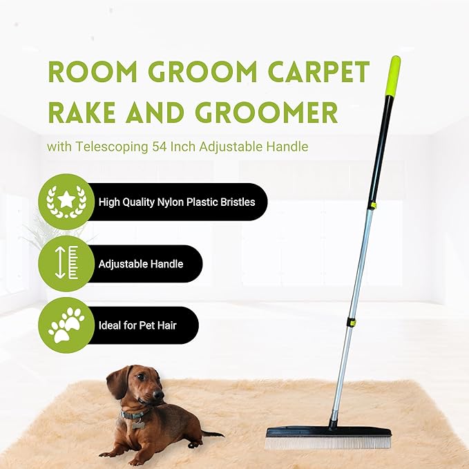 Room Groom Carpet Rake and Groomer with Telescoping 54 Inch Adjustable Handle, Portable Design, Carpet Brush Ideal for Pet Hair, Refreshing High Pile Carpets, Rugs, and Artificial Turf