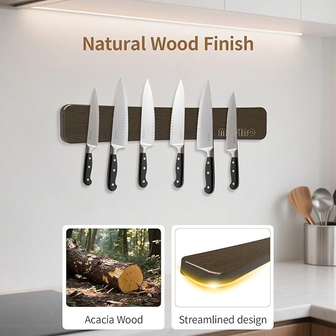 Magnetic Knife Holder for Wall,16.5 Inch Magnetic Knife Strip,Acacia Wood Double Sided Magnetic Knife Rack for Fridge,No Drilling