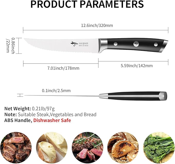 MAD SHARK 4-Piece Steak Knife Set, Premium 12.6-inch Serrated Steak Knives, Ultra Sharp German High Carbon Stainless Steel with Triple Rivet Handles, Elegant Gift Box Included