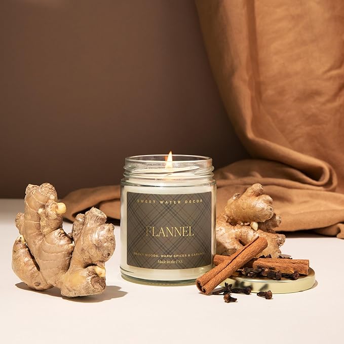 Sweet Water Decor Flannel Soy Candle - Vanilla, Caramel, Amber, Tonka, Smoky Woods, Musk Scented - 9oz Clear Jar with Gold Foil - Autumn Candle for Home - 40+ Hour Burn Time