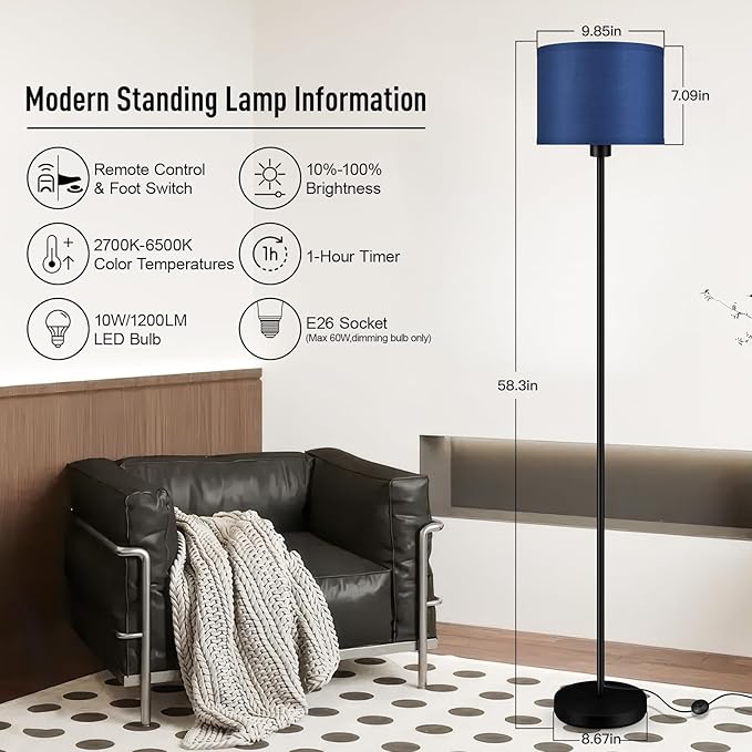 Floor Lamps for Living Room, Stepless Dimmable Blue Floor Lamp with Remote, 2700K-6500K Colors Temperature & Brightness Adjustable,10W/1200LM LED Floor Lamp, Modern Standing Lamp for Bedroom/Office