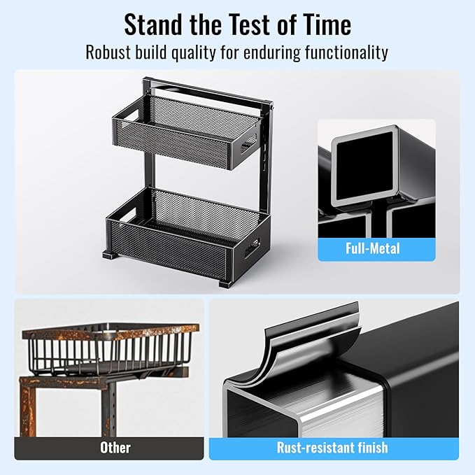 Under Sink Organizer, Silk-Smooth Metal Sliding Drawer Organizers and Storage Rack, Pull Out Cabinet Shelf for Kitchen, Bathroom, Pantry, Cabinet, Closet