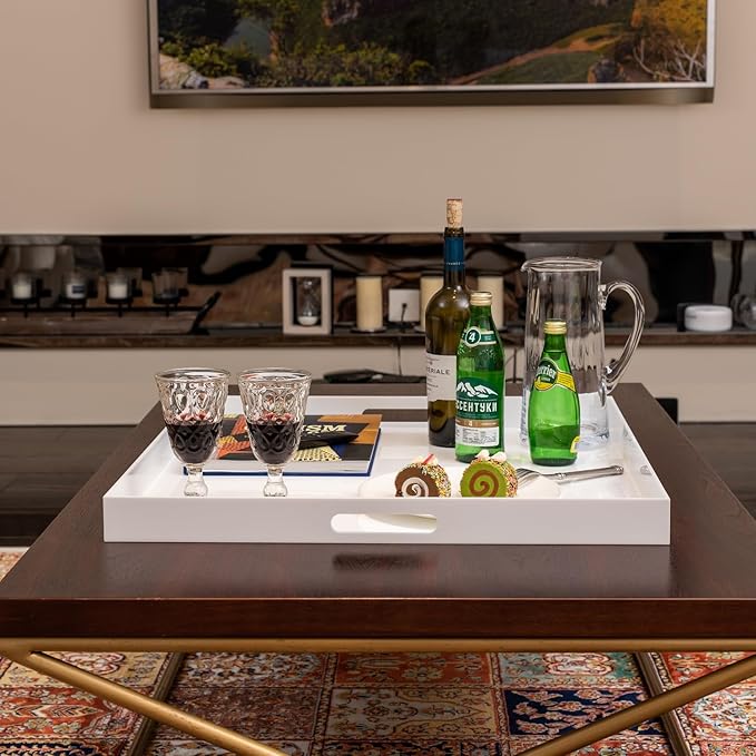 Oversize Extra Large King Size Bed Tray for eating Big Glossy White Acrylic Serving Tray with Handles 24x24 Inch -Spill Proof- Decorative Countertop Organizer for Ottoman,Bed,Party, Butler Tray