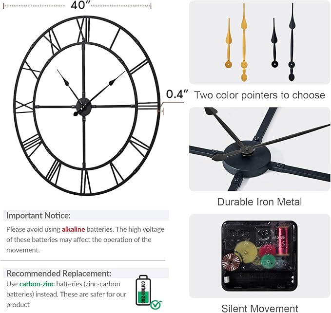 Extra Large 40 Inch Wall Clock for Living Room Decor – Silent Non-Ticking Modern Farmhouse Wall Clock, Oversized Decorative Metal Roman Numeral Clock, Black