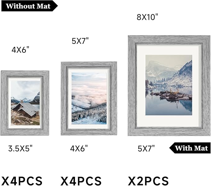 Picture Frames Set of 10 Gray Wood Grain, Bulk MDF Frames for 8x10, 5x7, 4x6 Photos Real Glass for Wall or Tabletop