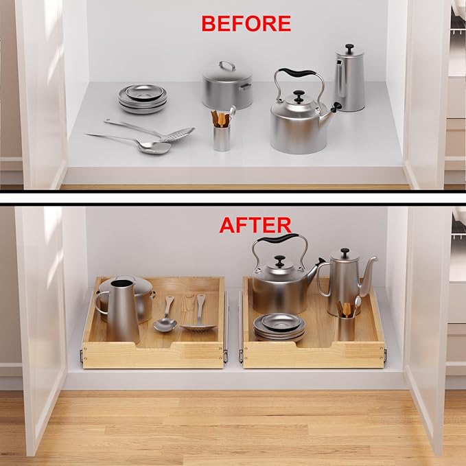 Wood Pull Out Cabinet Organizer 14" W x 21" D, Heavy-Duty Sliding Drawers for Inside Cabinets Storage and Organization for Kitchen, Pantry, Bathroom
