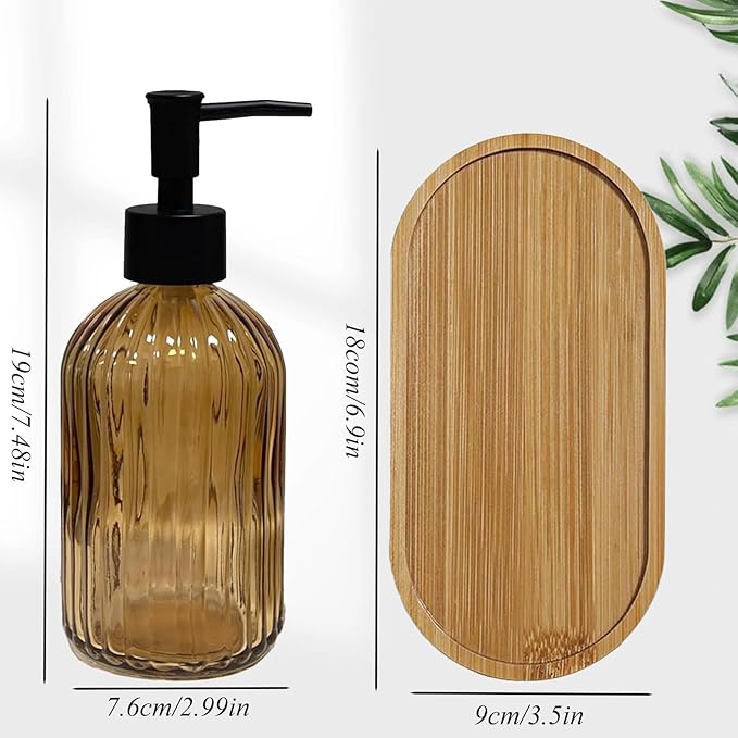 Glass Hand and Dish Soap Dispenser Set of 2 with Plastic Pumps, Bamboo Tray, 13.5oz Brown Bathroom Soap Dispenser with Vertical Stripe for Hand Wash & Dish Wash, Ideal for Bathroom Kitchen Countertop