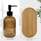 Glass Hand and Dish Soap Dispenser Set of 2 with Plastic Pumps, Bamboo Tray, 13.5oz Brown Bathroom Soap Dispenser with Vertical Stripe for Hand Wash & Dish Wash, Ideal for Bathroom Kitchen Countertop