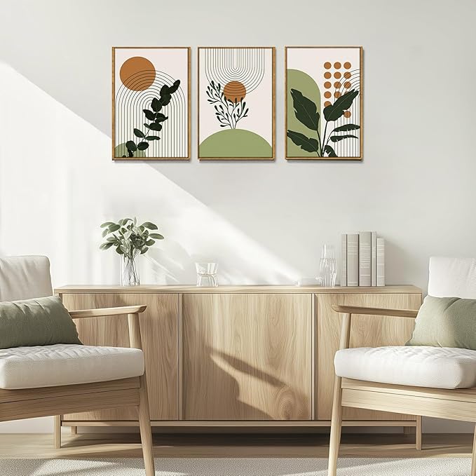 Bwodke Boho Wall Art, Framed Abstract Wall Art, Botanical Canvas Wall Decor, Mid Century Plant Leaf Geometric Pictures Set of 3, Minimalist Paintings, for Bedroom Living Room Bathroom 16"x24"