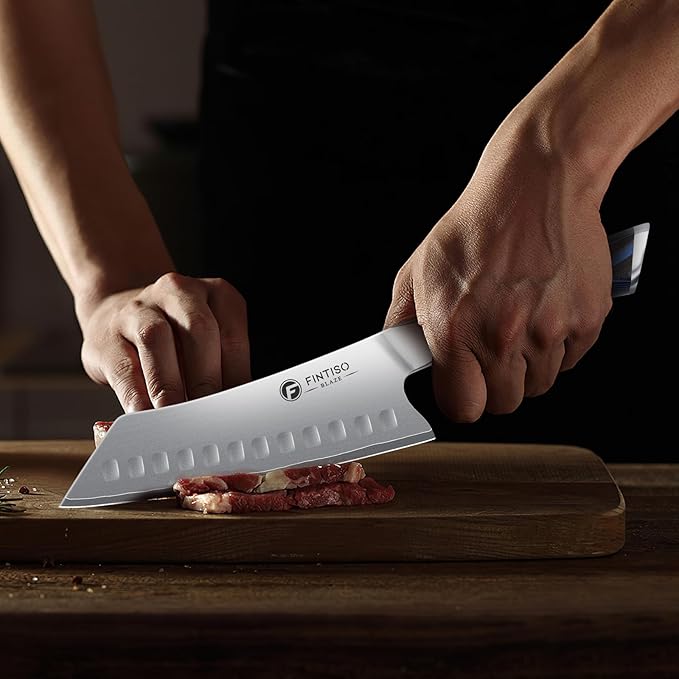FINTISO 7 Inch Chef Knife, Ultra Sharp Kitchen Knife with G10 Handle, High-End 5 Layers 10Cr15CoMoV Japanese Stainless Steel Santoku Knife, Professional Cutting Knife for Vegetables and Meat