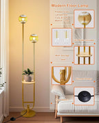 Lightdot Glass Floor Lamp with Tray, 2Pcs 3000K Soft Warm White Bulbs Included, Mid Century Modern Standing Lamps, Gold Dimmable Globe Floor Lamp for Living Room/Wedding/Party