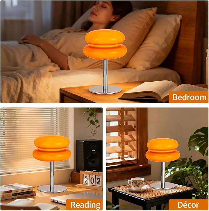 Vintage Mushroom Lamp, Orange Glass Lamp with Metal Base, Dimmable Bedside Table Lamp for Bedroom, Living Room, Mid Century Modern Retro Style, Plug in Nightstand Light