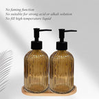 Glass Hand and Dish Soap Dispenser Set of 2 with Plastic Pumps, Bamboo Tray, 13.5oz Brown Bathroom Soap Dispenser with Vertical Stripe for Hand Wash & Dish Wash, Ideal for Bathroom Kitchen Countertop