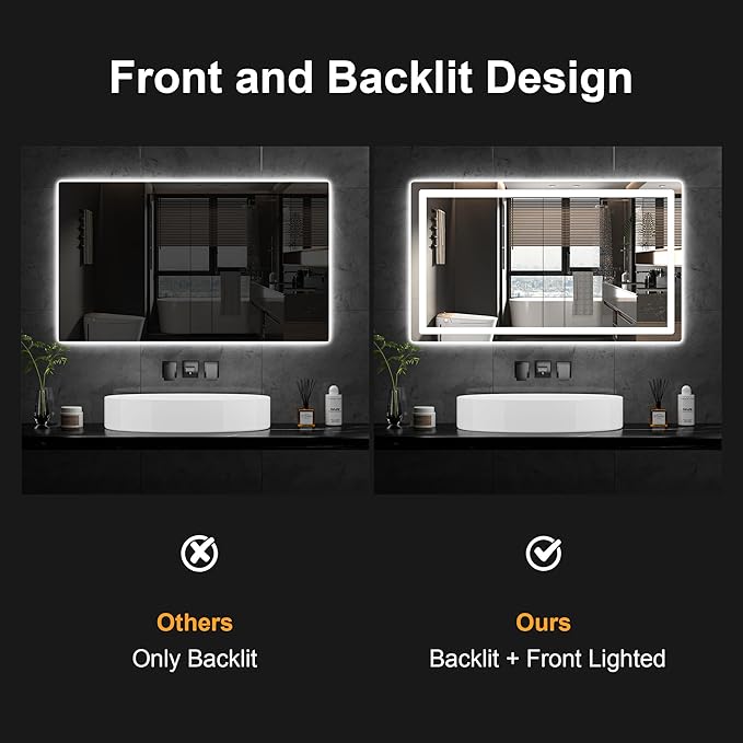 Led Mirror for Bathroom, 30x50 Bathroom Vanity Mirror for Wall with Light, IP54 Enhanced Anti-Fog, Dimmable 3 Colors, Memory Function, Backlit and Front Lit, Shatter-Proof Glass, Plug-in/Hardwired