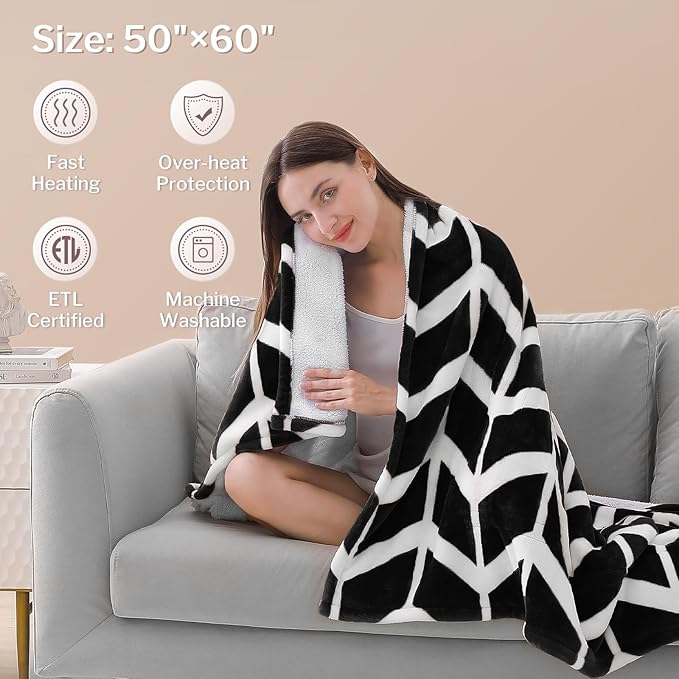 VENTIMI Electric Blanket Heated Throw, 50" x 60" Heated Blanket with 5 Heat Levels & 3 Hours Auto Off, Fast Heating Blankets with ETL & FCC Certification, Black