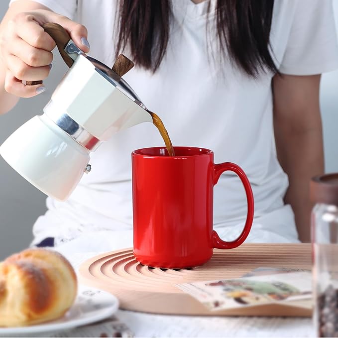 Smilatte 16 OZ Porcelain Coffee Mugs, Classic Blank Ceramic Cup with Large Handle for Tea Latte Cappuccino, Set of 4, Red