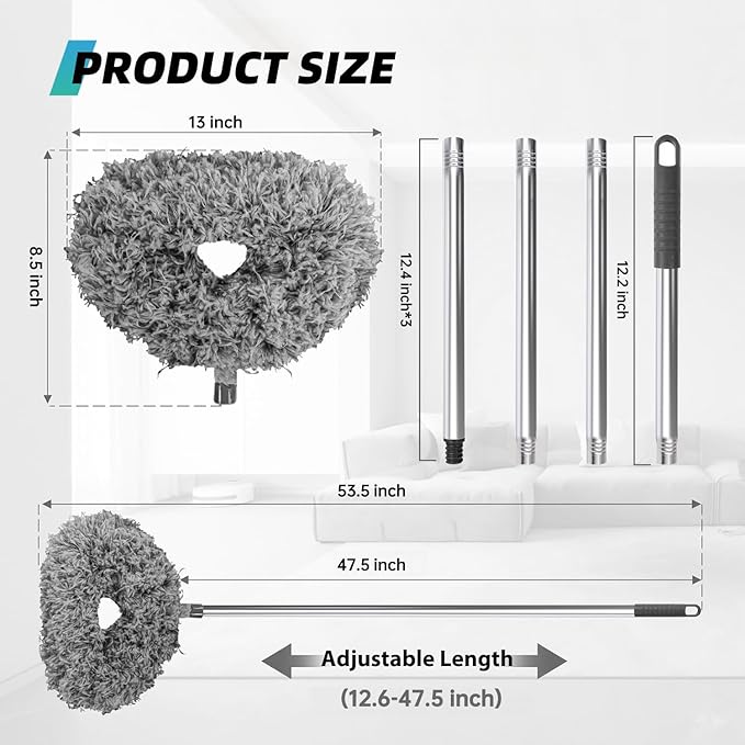 DRQ Ceiling Fan Cleaner Duster, Reusable Microfiber Duster with Extension Pole, 13 to 48 Inch Fan Blade Cleaner, Removable Dusters for Cleaning Walls Bookshelves Door Window Top (Grey)