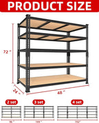 PrimeZone Heavy Duty Garage Storage Shelves - 48" W X 24" D X 72" H Adjustable Metal Shelving Unit, 5 Tier Industrial Shelves for Storage Standing Utility Rack for Warehouse, Basement, Black, 8 Pack