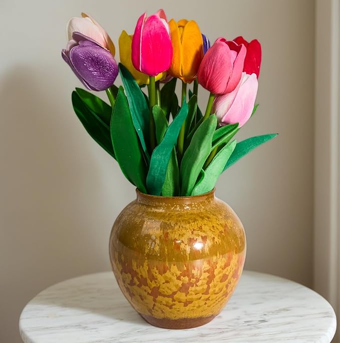 Rustic Pottery Ceramic Vase - Vintage Farmhouse Style Decor, White Grid Ceramic Vases for Home Decor, Modern Farmhouse Decor (Brown)