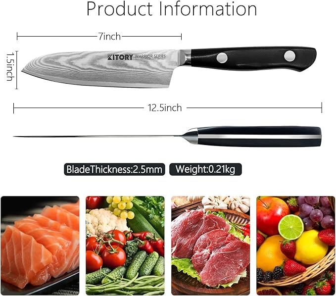 Kitory Damascus Santoku Knife 7", for bigger or larger hands, Kitchen Knife with VG10 67 Layers Super Steel- Black G10 Handle-Gift Box Included, 2024 Gifts For Women and Men