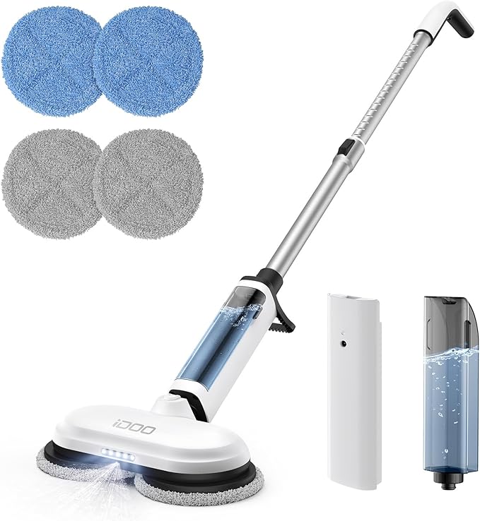 iDOO Cordless Electric Mop, Mops for Floor Cleaning Machine for Home, Detachable Water Tank & Headlight, Power Spin Spray Floor Scrubber for Tile, Hardwood, Laminate Cleaning, White-4 Pads