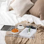 18×18 Inches Clear Acrylic Serving Tray with Handles Extra Large Ottoman Tray Decorative Trays Spill-Proof Coffee Table Space Saver Oversize Counter top Organizer Platter with Safe Edge