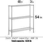 14" Deep x 48" Wide x 54" Height Wire Shelving Kit | 3-Tier | NSF Commercial Storage Rack Unit