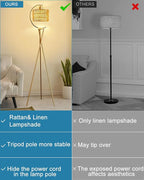 Lightdot Tripod Floor Lamp for Living Room, Gold Standing Lamp with E26 LED Bulb, Rattan Boho Floor Lamp, Farmhouse Tall Lamp for Bedroom, Arced Reading Light with Rattan& Linen Double Shades