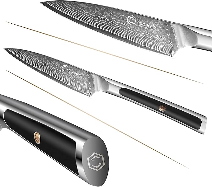 Sunnecko Paring Knife 3.5 Inch, Fruit Knife with 67-layers Damascus Steel VG-10 Blade Small Knife, Peeling Knife with Inlaid Handle Small Kitchen Knife Perfect for Cutting Fruit Vegetables Petty Knife