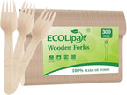 ECOLipak 300 Count Wooden Forks Disposable, Wooden Disposable Compostable Forks for Eating, Party, Camping, Traveling, Family Dinners