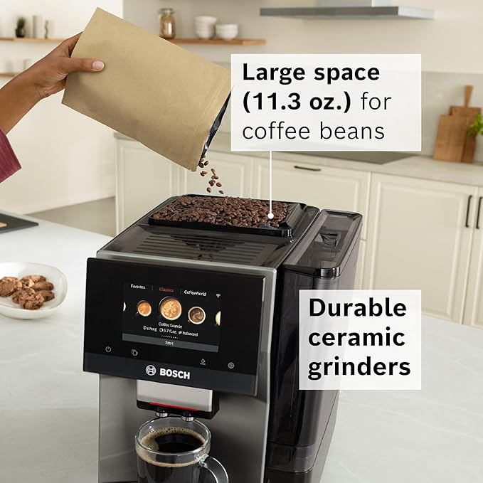 BOSCH 800 Series Fully Automatic Espresso and Coffee Machine – 36 Drinks with Coffee World, Cold Brew, Double Cup, Milk Hose, Glass Milk Container, in Metallic Silver TPU60501