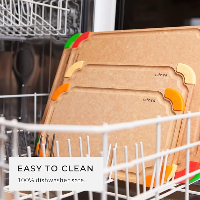 Elihome Cutting Wise 4pcs Kitchen Cutting Board Set, Non Slip Feet, Color Coded with Food Icon, Natural Wood Fiber, Dishwasher Safe, Eco-Friendly, Juice Grooves,Non Porous, BPA Free, Made in USA