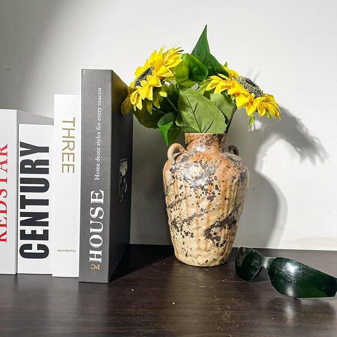 Rustic Pottery Ceramic Vase - Vintage Farmhouse Style Decor, White Grid Ceramic Vases for Home Decor, Modern Farmhouse Decor (Gray black)