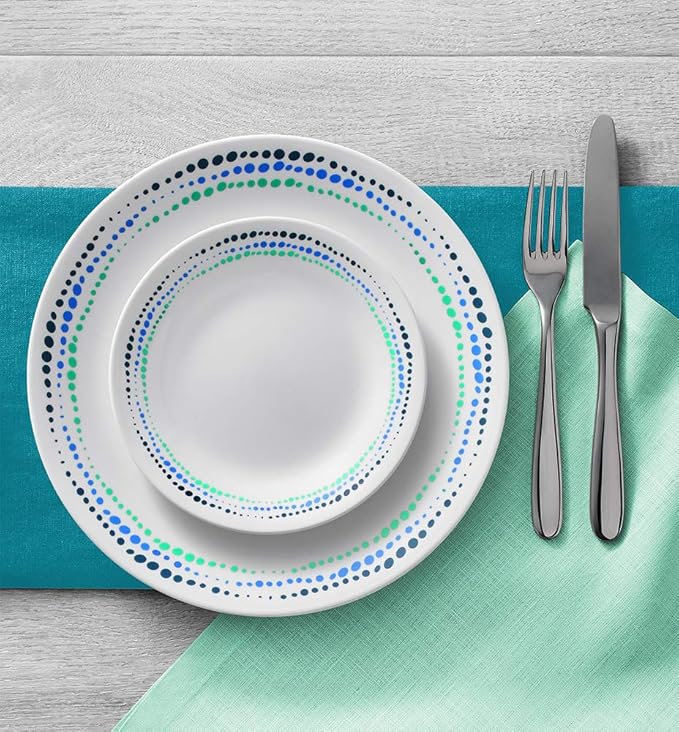 Corelle Vitrelle 18-Piece Service for 6 Dinnerware Set Triple Layer Glass and Chip Resistant, Lightweight Round Plates and Bowls Set, Ocean Blue