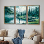 Tinonedraw Large Nature Forest Framed Canvas Wall Art Set, Boho Mountains Calming Lake Wall Decor, Green Pine Trees Artwork, Northern Wilderness Art Painting for Living Room Bedroom Office 24"x36"x3