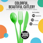 Party Solids Lime Green Plastic Silverware Heavy Duty 300 Pcs Lime Green Plastic Cutlery Sets, Utensil Sets, 100 Of Each Forks, Knives & Spoons Disposable Cutlery Set, Flatware Set For Party Supplies