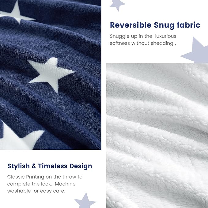 Cozy Bliss Luxury Sherpa Throw Blanket for Couch, Premium Reversible Thick Throw with Star Design, Warm Cozy Soft Blanket for Home and Gifts (Navy Blue, 60" x 80")