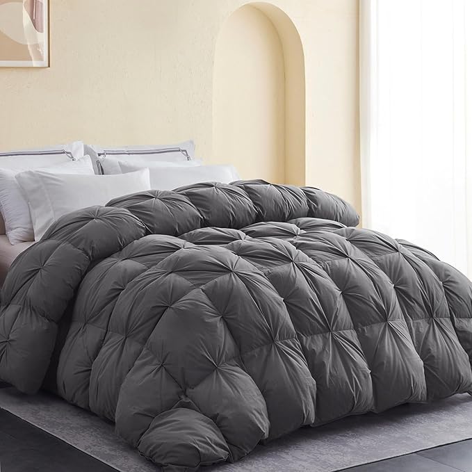 SNOWMAN Premium Down Comforter Cal King Size, Luxurious All Season Duvet Insert with Cotton Blended Fabric, 48oz Fill Weight Pinch Pleat Design Hotel Bedding Comforter (Grey,108"x98")