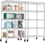PrimeZone 2 Pack Steel Storage Wire Shelving 5 Tier Metal Shelves with Wheels,Adjustable Kitchen Utility Shelving Unit,Pantry Rack Rolling Metal Shelf Laundry,Chrome 24" Wx18 Dx75 H