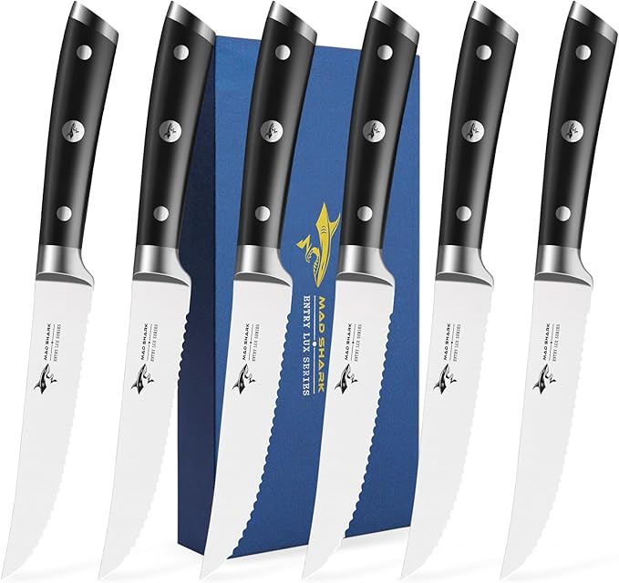 MAD SHARK Steak Knives Set of 6,Premium 12.6-inch Serrated Steak Knife Set,Ultra Sharp German High Carbon Stainless Steel Triple Rivet Collection 6-Piece Kitchen Steak Knife Set (STEAK KNIFE SET OF 6)