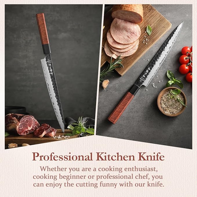 HEZHEN Carving Knife, 10 Inches, Meat Cutting and BBQ Knife, 3 Layers High Carbon Clad Steel Brisket Slicing,Breaking Butcher, Redwood Octagonal Handle