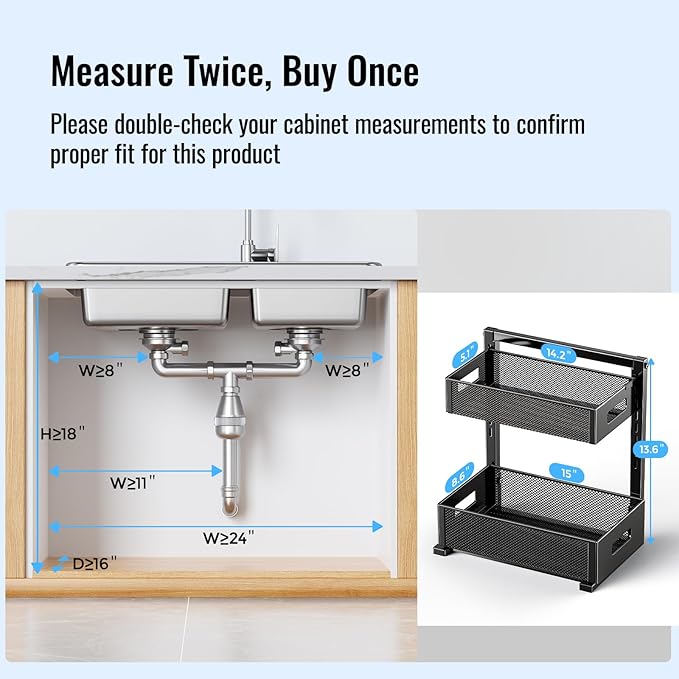 Under Sink Organizer, Silk-Smooth Metal Sliding Drawer Organizers and Storage Rack, Pull Out Cabinet Shelf for Kitchen, Bathroom, Pantry, Cabinet, Closet
