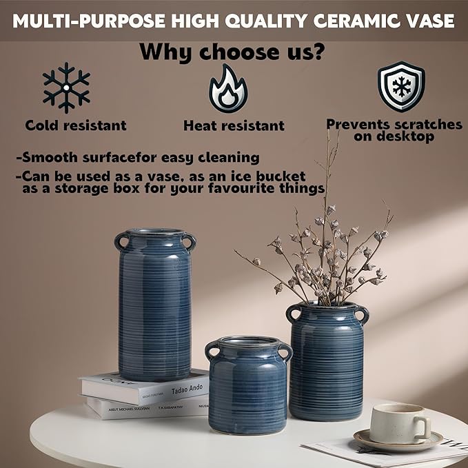 Ceramic Rustic Distressed Blue Flower Vase for Centerpieces, Kitchen, Office or Living Room (5.9''x8.6'')