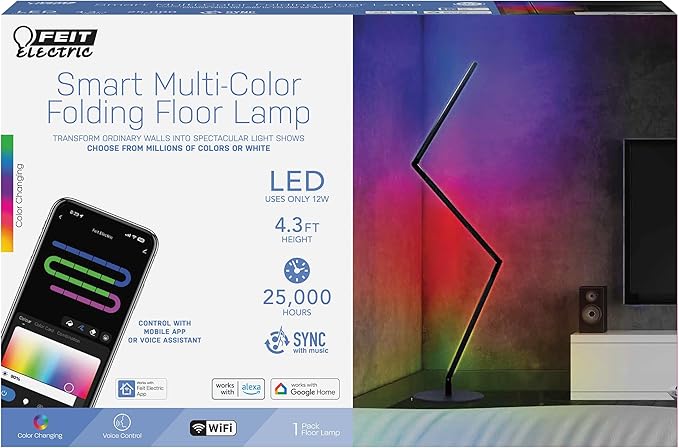 Feit Electric 52in Smart Floor Lamp, Syncs with Music, Millions of Colors, Wi-Fi Connected, Compatible with Alexa/Google, Custom Scenes & Effects, 25,000-Hour Lifetime, FLOOR52/RGB/AG
