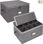 Stemware Storage Containers (2 pack), Wine Glass Storage Box with Dividers for Glassware or Crystal, Holds 12 Red or White Wine Glasses, Hard Top and Stackable (Grey)