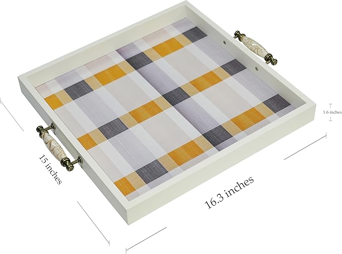 Rustic White Wooden Frame Plaid Serving Tray with Ceramic Handles, Yellow Grey White Checkered Decorative Breakfast Tray, Velvet Bottom, 16.3" x 15" x 1.6"